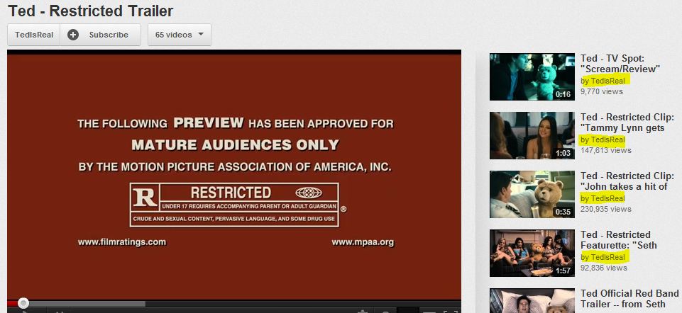 Ted The Movie YouTube Playlists Related Column - Mike Jeffs Online Marketing Blog